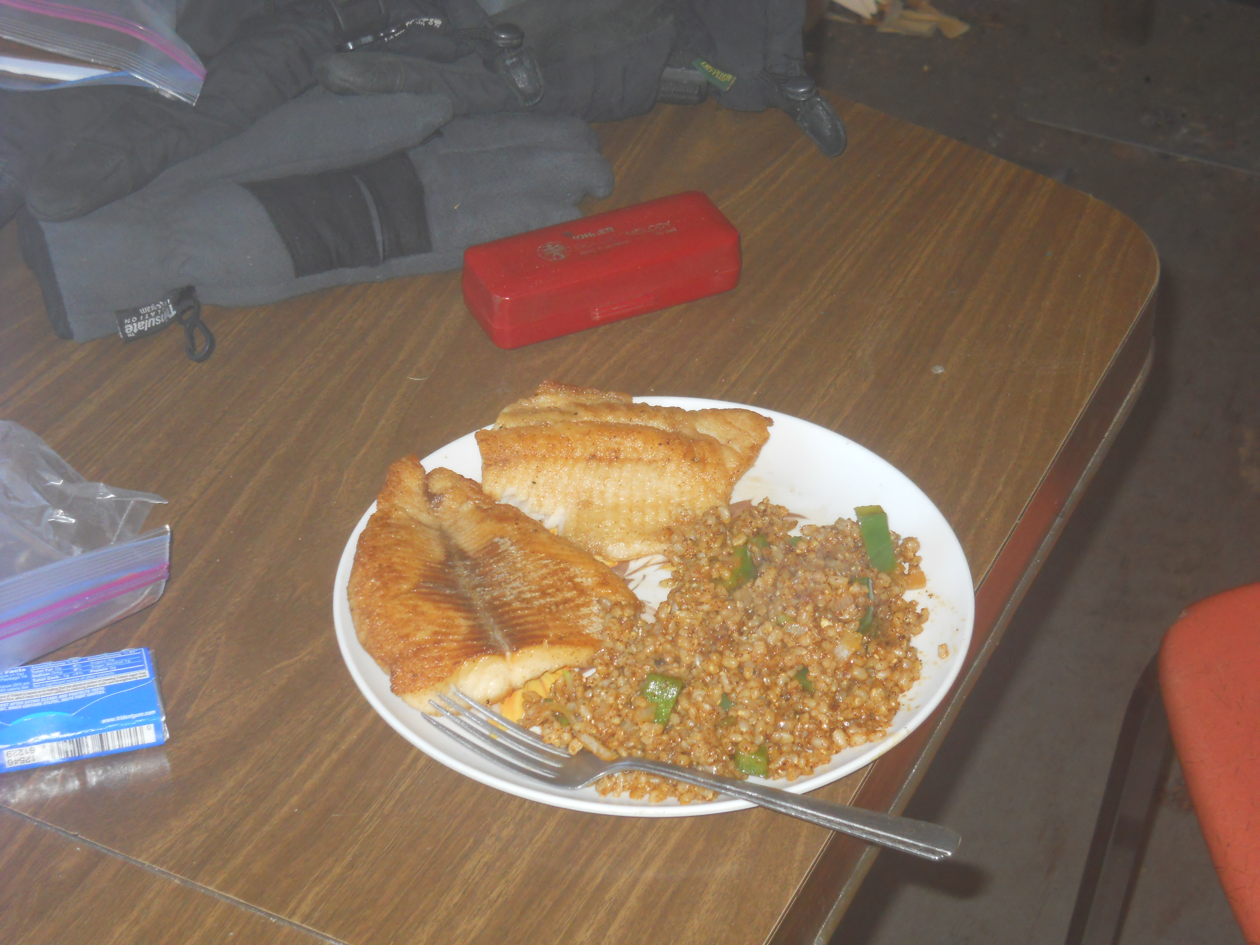 Copper Lake rice and trout dinner after some harmonica music on Solo Trip.JPG